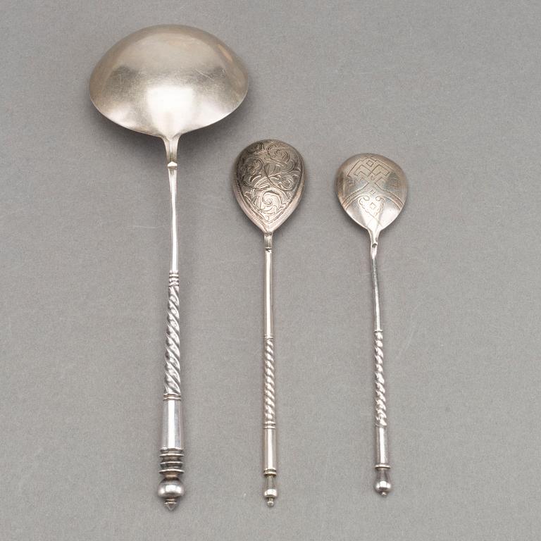 3 russian silver spoons Unidentified maker's mark.19th century,