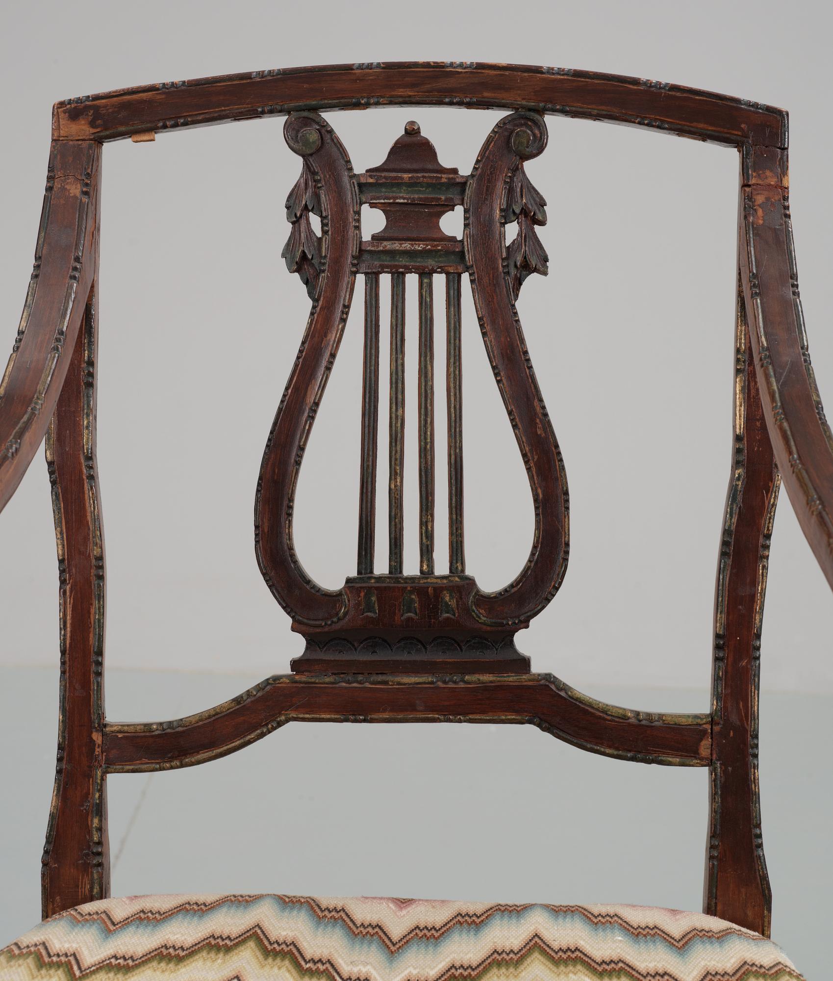 A pair of, probably Italian, 19th c. armchairs from Queen Victoria, Solliden. The embroidery by King Gustav V.