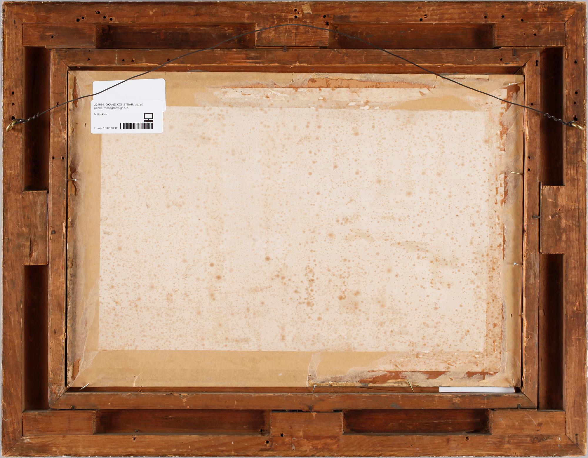 OKÄND KONSTNÄR, olja på pannå, monogramsign OK. 1900-talets början.