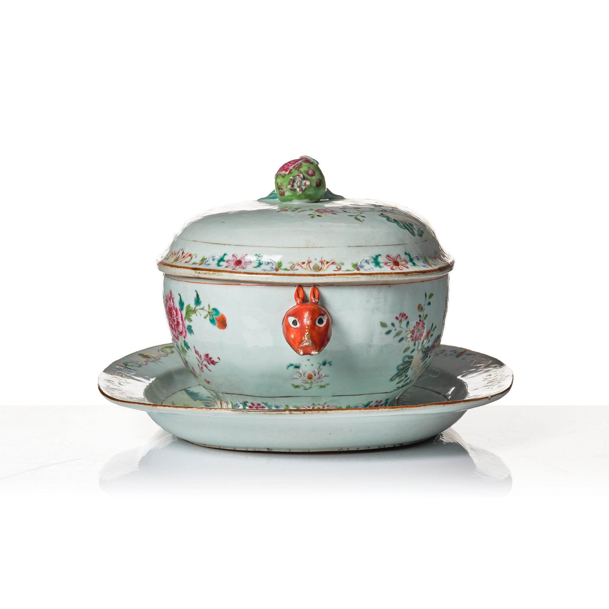 A famille rose 'double peacock' tureen with cover and stand. Qing dynasty, Qianlong (1736-95).