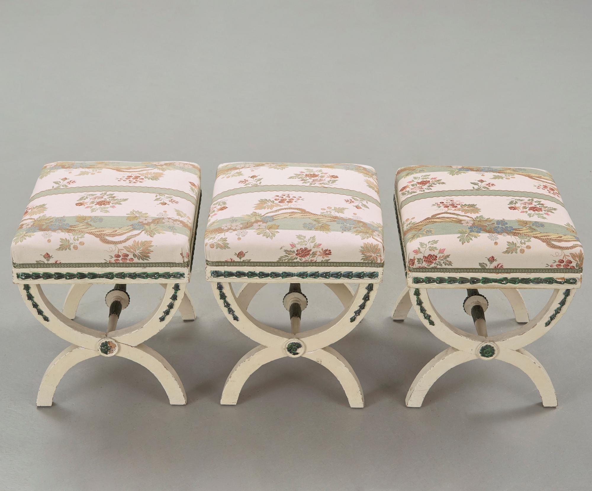 Three painted late gustavian stools c. year 1800.
