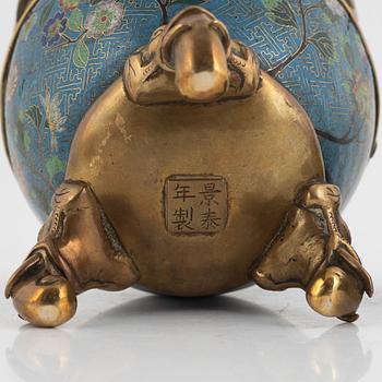 A Chinese cloisonné and bronze tripod censer, late Qing dynasty.