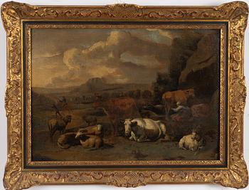 Paulus Potter, Circle/follower of, Pastoral landscape with animals and figures.