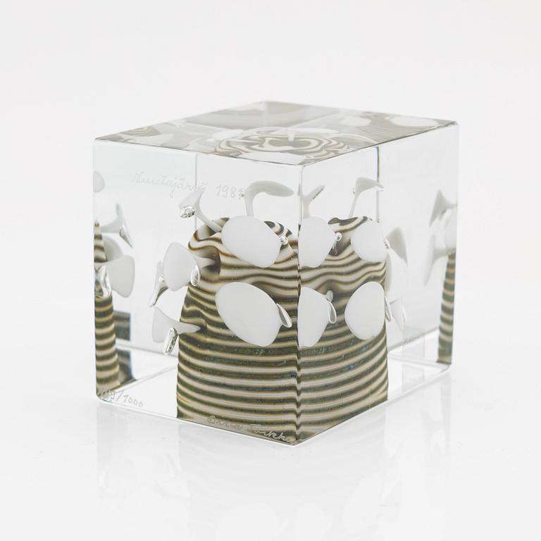 Oiva Toikka, a glass cube, signed Oiva Toikka Nuutajärvi 1981 and numbered 449/1000.