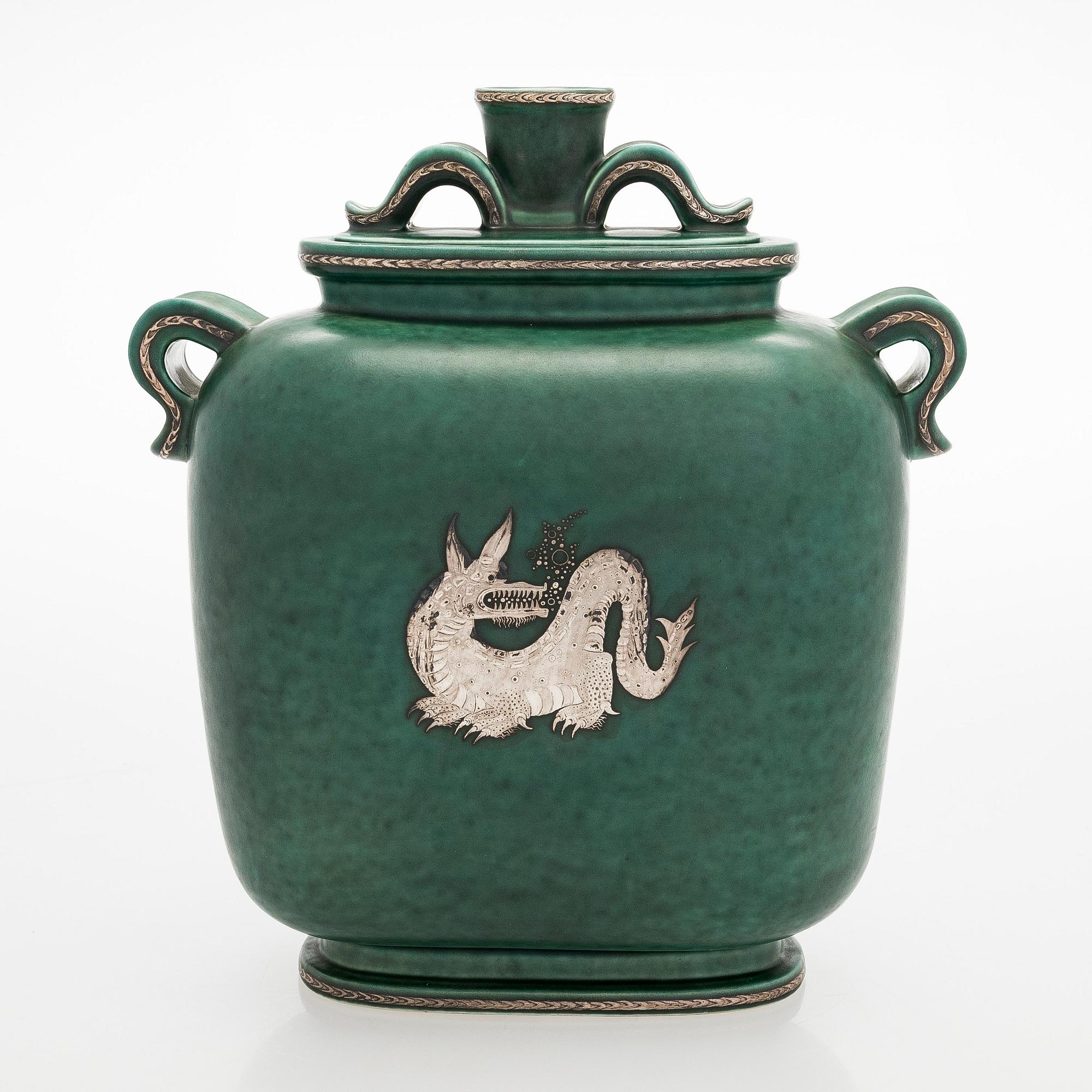 Wilhelm Kåge, urna med lock, stengods, "Argenta", Gustavsberg.