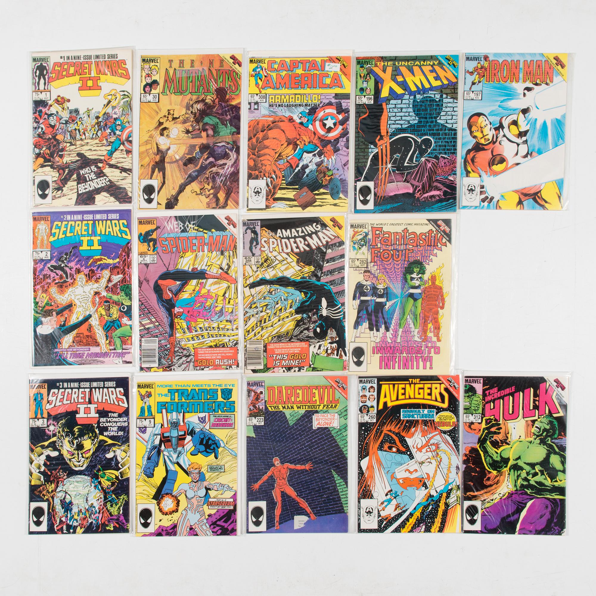 Serietidningar, 45 st, kompletta serier, Secret Wars I, II, III, Marvel, USA, 1984-88.