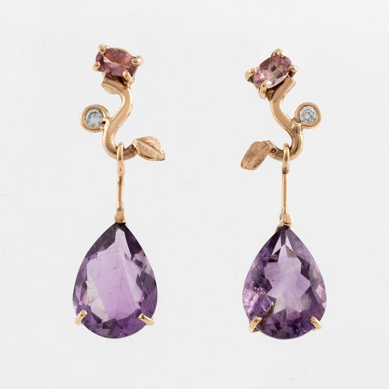 Pear shaped amethyst, pink tourmaline and brilliant cut diamond earrings.