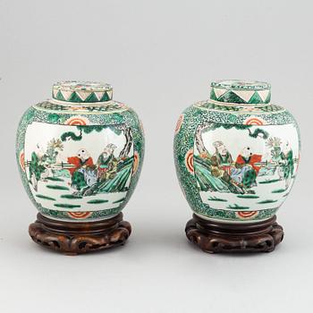 A pair of Chinese famille verte jars with covers, 20th century,