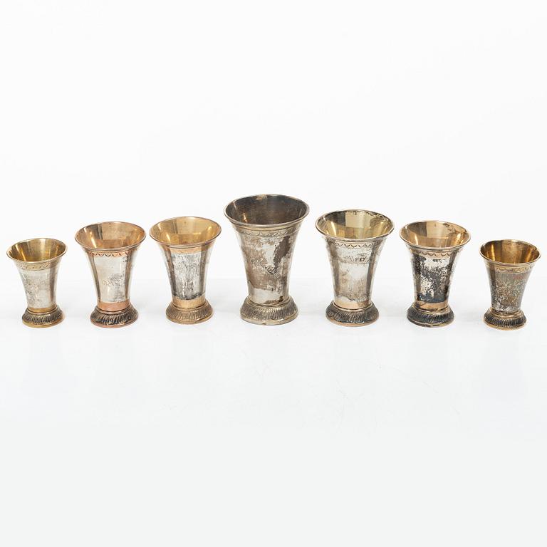 Bägare, 7 st, silver, KG Markströms, Uppsala 1912-1926.