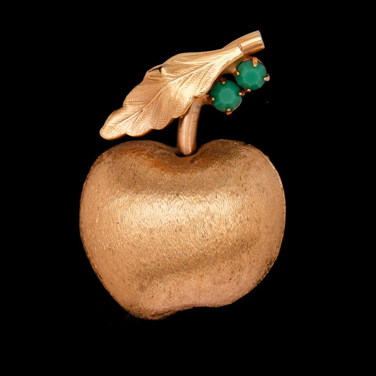 BROSCH, i form av äpple med små gröna krysoprasstenar. Vikt 5 g.