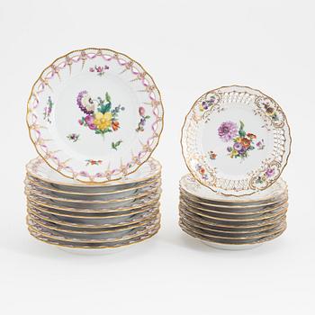 Royal Copenhagen, 10+9 rococo-style porcelaine dishes, including  'Sachsisk Blomst', Denmark.