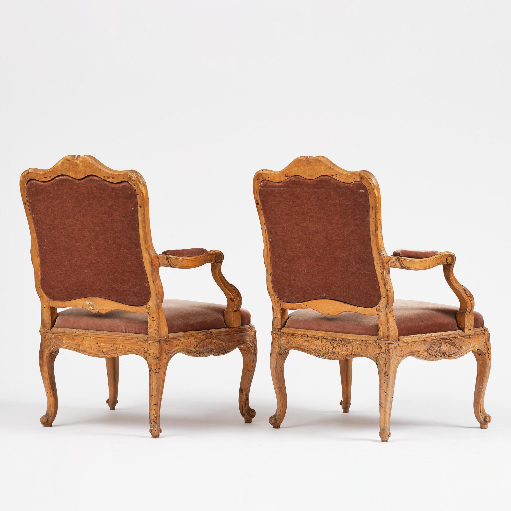 A pair of rococo fauteuils, Stockholm, later part 18th century.