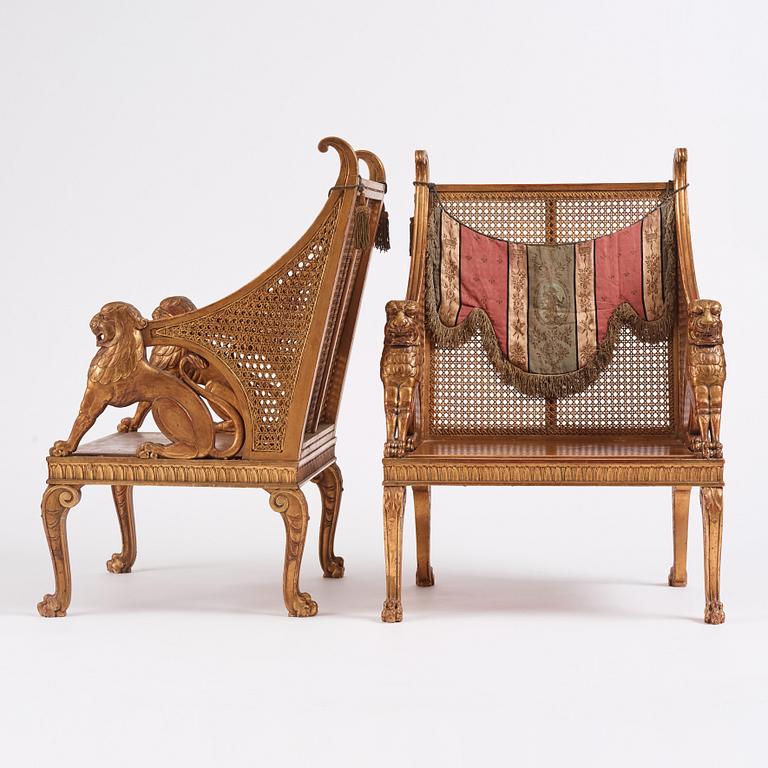 Helge Werner, a pair of gilt and carved Swedish Grace armchairs, ca 1920-30s.