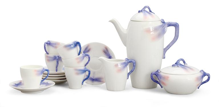 An Alf Wallander Art Nouveau bone china coffee service 'Dragonfly' by Rörstrand, comprising 9 pcs.