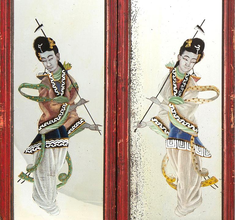 A pair of Chinese around 1900 painted mirrors.