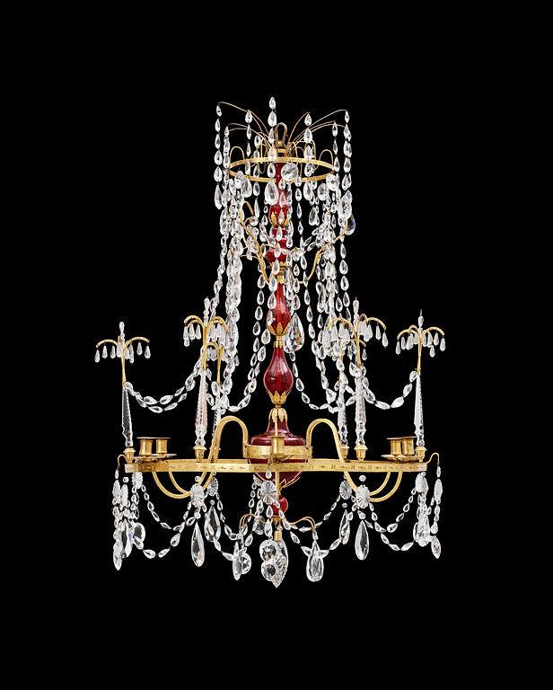 A six-light chandelier by Fischer, St Petersburg 1797. Signed "FECIT I A S FISCHER ST PETERSBURG 1797".