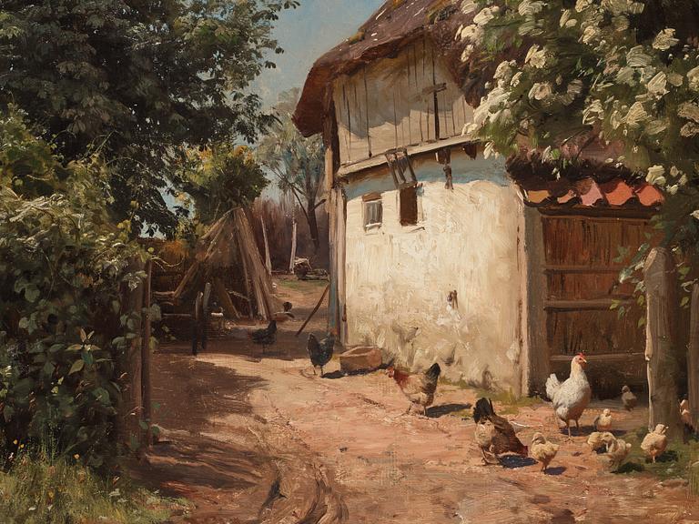 Peder Mork Mönsted, Country yard with pecking hens.