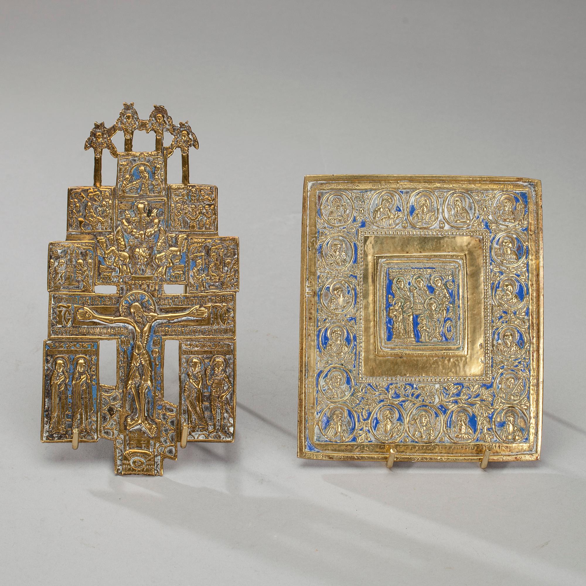 IKONKORS samt IKON, mässing och emalj, Ryssland 1800-tal.