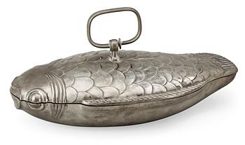 A pewter tureen with cover in the shape of a fish by Svenskt Tenn, Stockholm 1950.