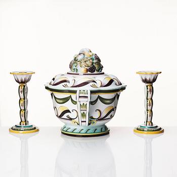 Arthur Percy, a Swedish Grace  lidded faience bowl and a pair of candlesticks,  Gefle Porslinsfabrik 1920s-1930s.