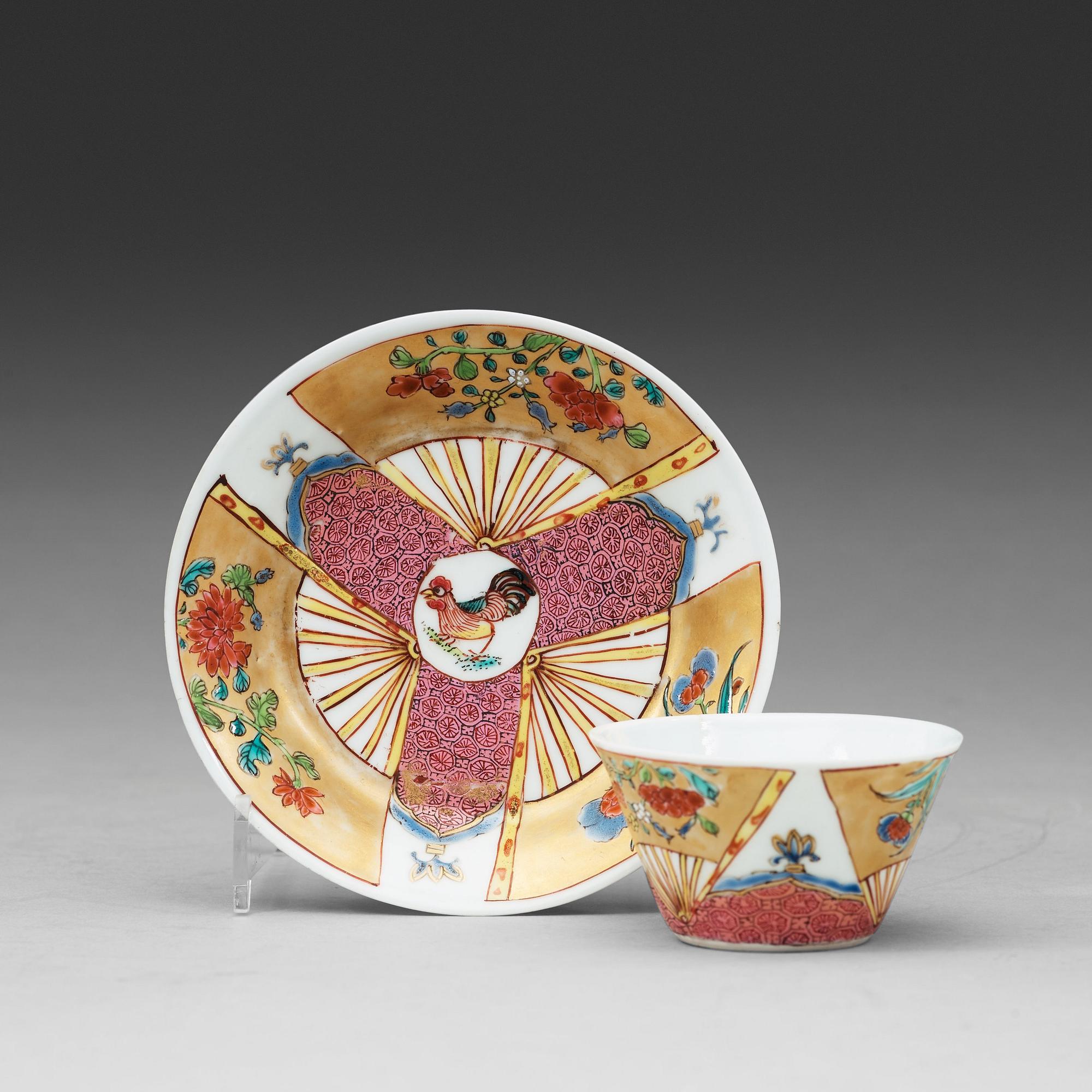 A set of seven odd famille rose cups with saucers, Qing dynasty, Yongzheng (1723-35).
