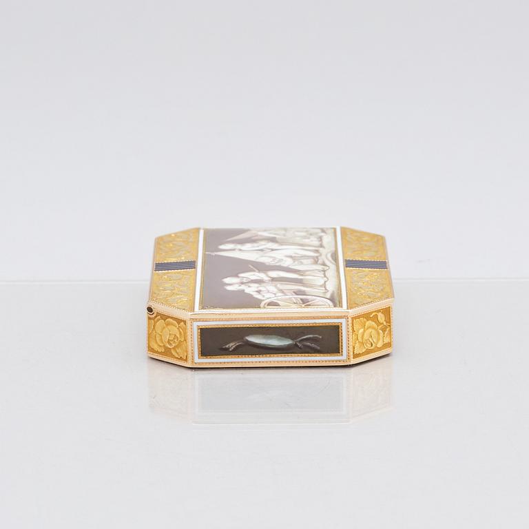 An early 19th century gold and enamel box, unidentified mark M, possibly Switzerland.