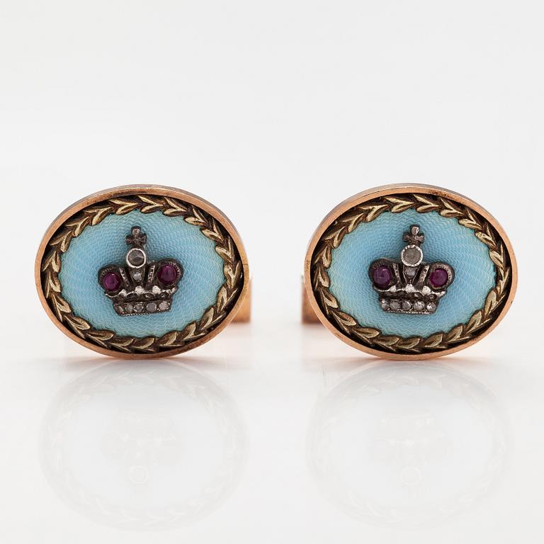 A pair of 14K gold cufflinks with enamel, rubies and rose-cut diamonds. Russia.
