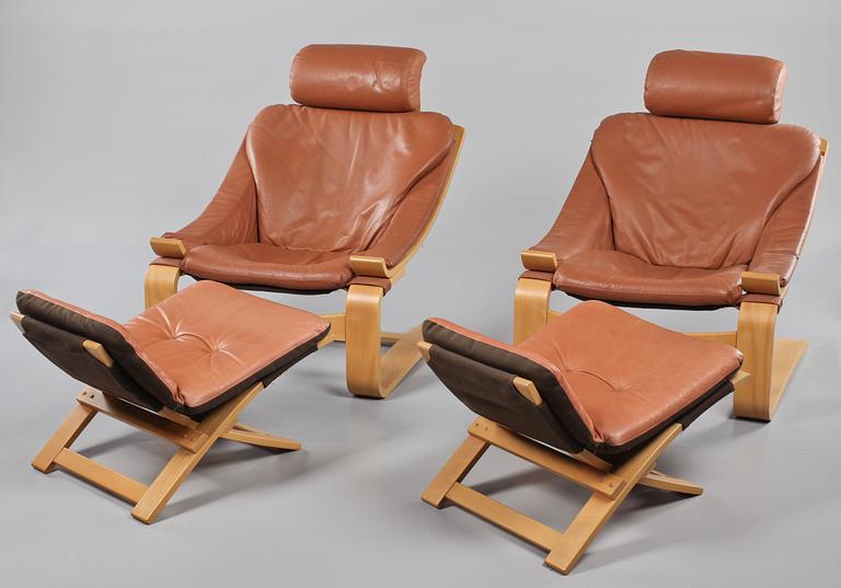 FÅTÖLJER MED FOTPALLAR, 2 st, "Kroken", Åke Fribyter, Nelo möbler, 1970-tal.