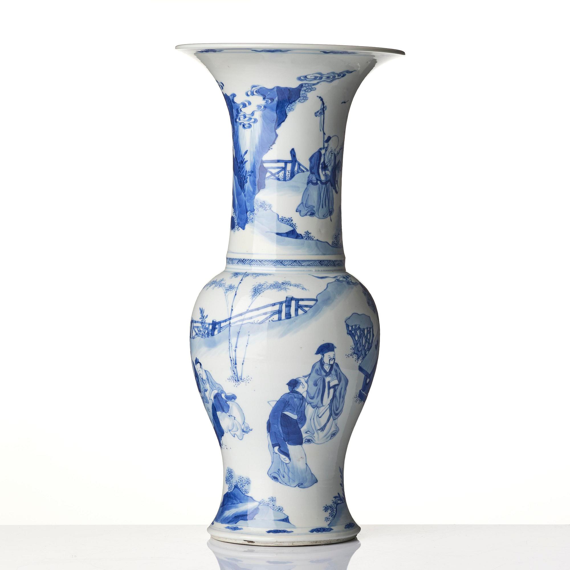 A large blue and white 'figural' yenyen vase, Qing dynasty, Kangxi (1662-1722).