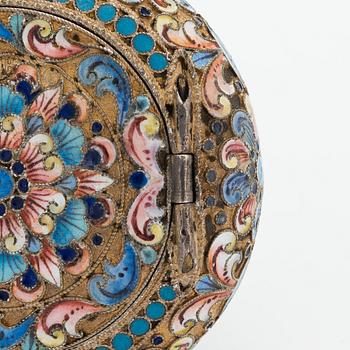 A gilt silver cloisonné enamel pill box, maker's mark of D. Nikitin, Moscow 1908-17.