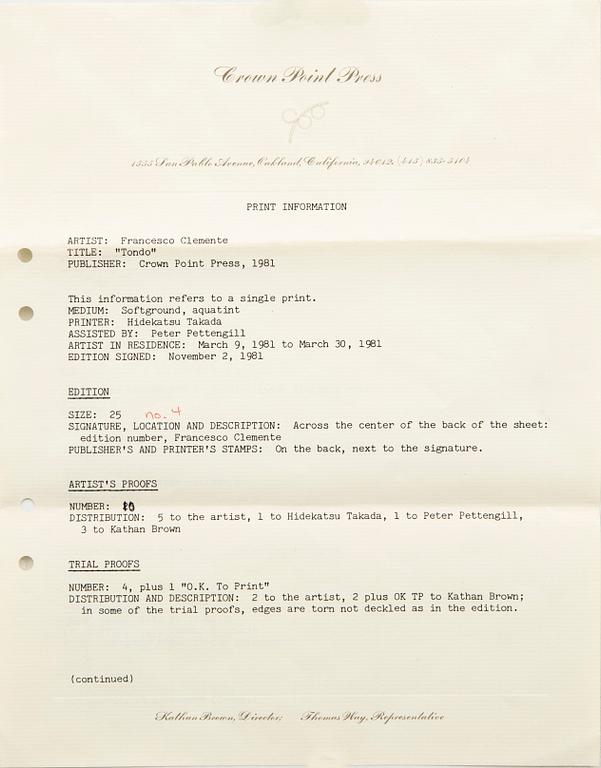 Francesco Clemente, akvatint softground signerad och numerad 4/25.