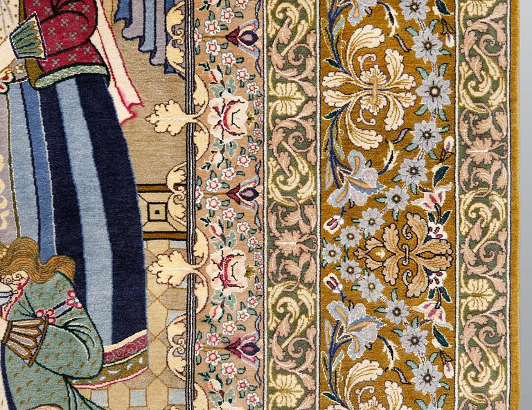 A pictoral part silk, Esfahan rug, signerad, 240 x 158 cm.
