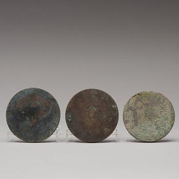 Three Mythical Beast bronze mirrors, Han dynasty (206 BC.-220 AD.).