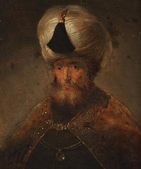 Rembrandt Harmensz van Rijn Hans skola, Mansporträtt, turban och kappa.