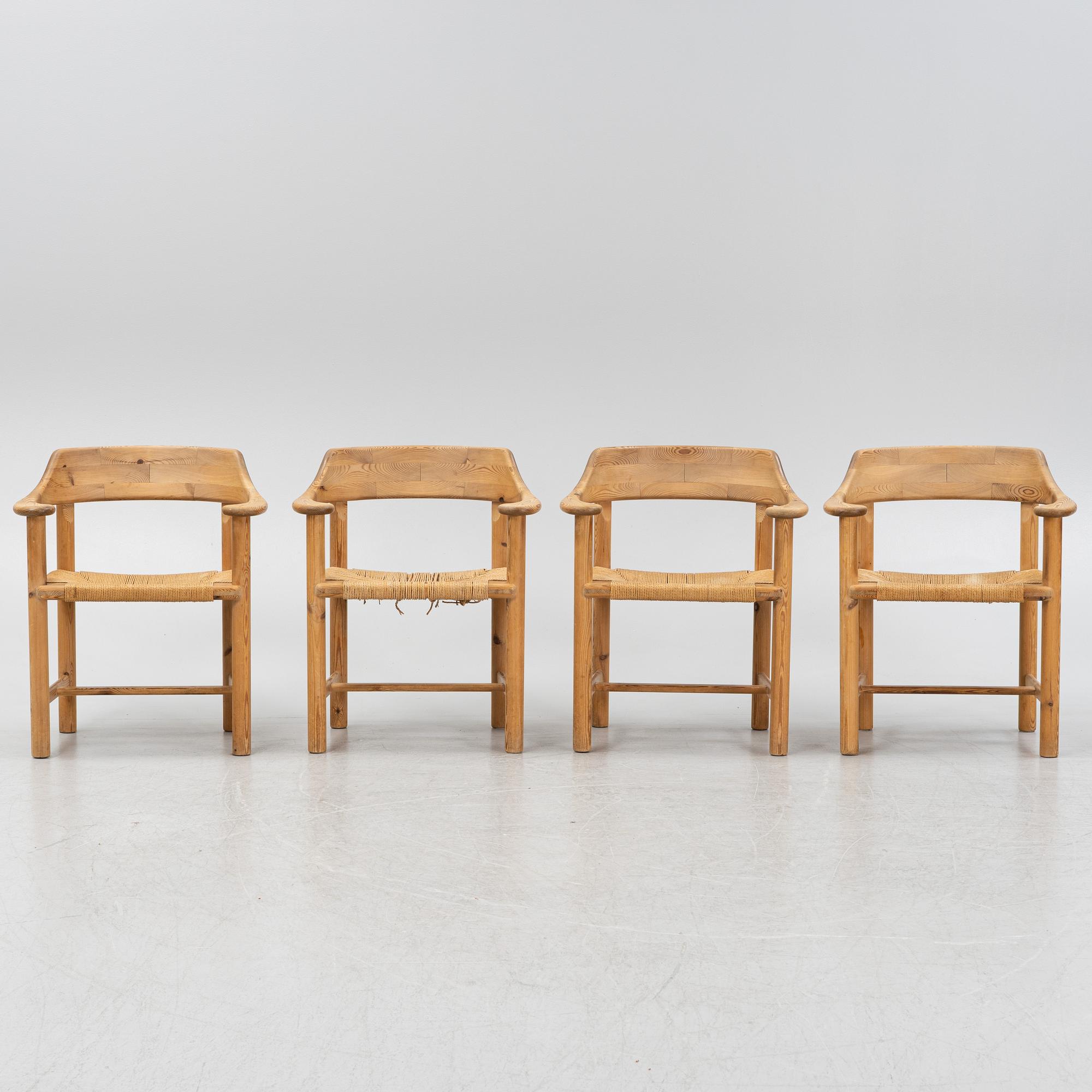 Rainer Daumiller, a set of four pine armchairs, Denmark, 1960s/70s.