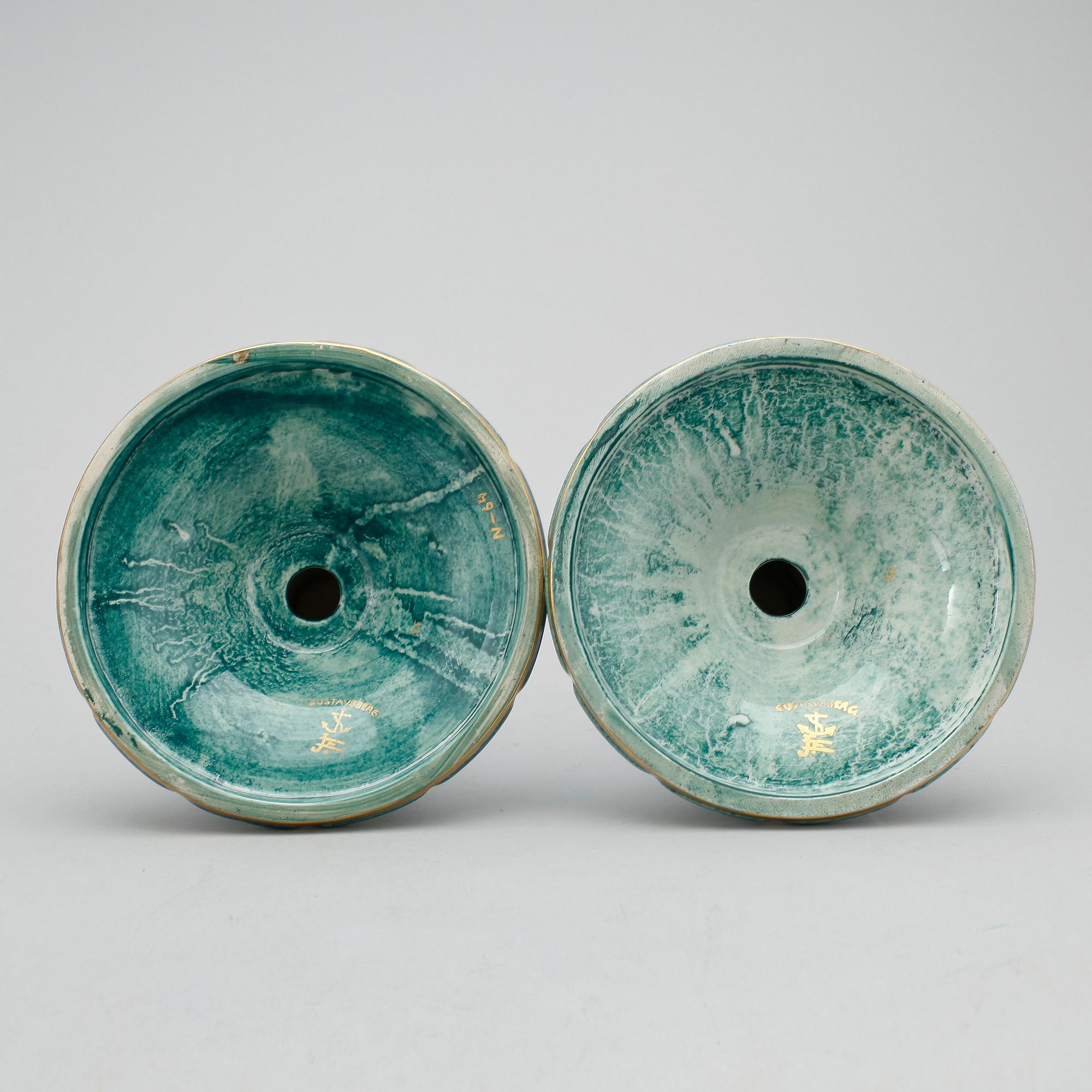 GARNITYR, 3 delar, flintgods med grön lysterglasyr, Josef Ekberg, Gustavsberg, 1920-tal.