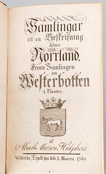 BOK, "Samlingar til en Beskrifning öfwer Norrland, femte samlingen om Westerbotten" av Abraham Hülphers, Västerås 1789.