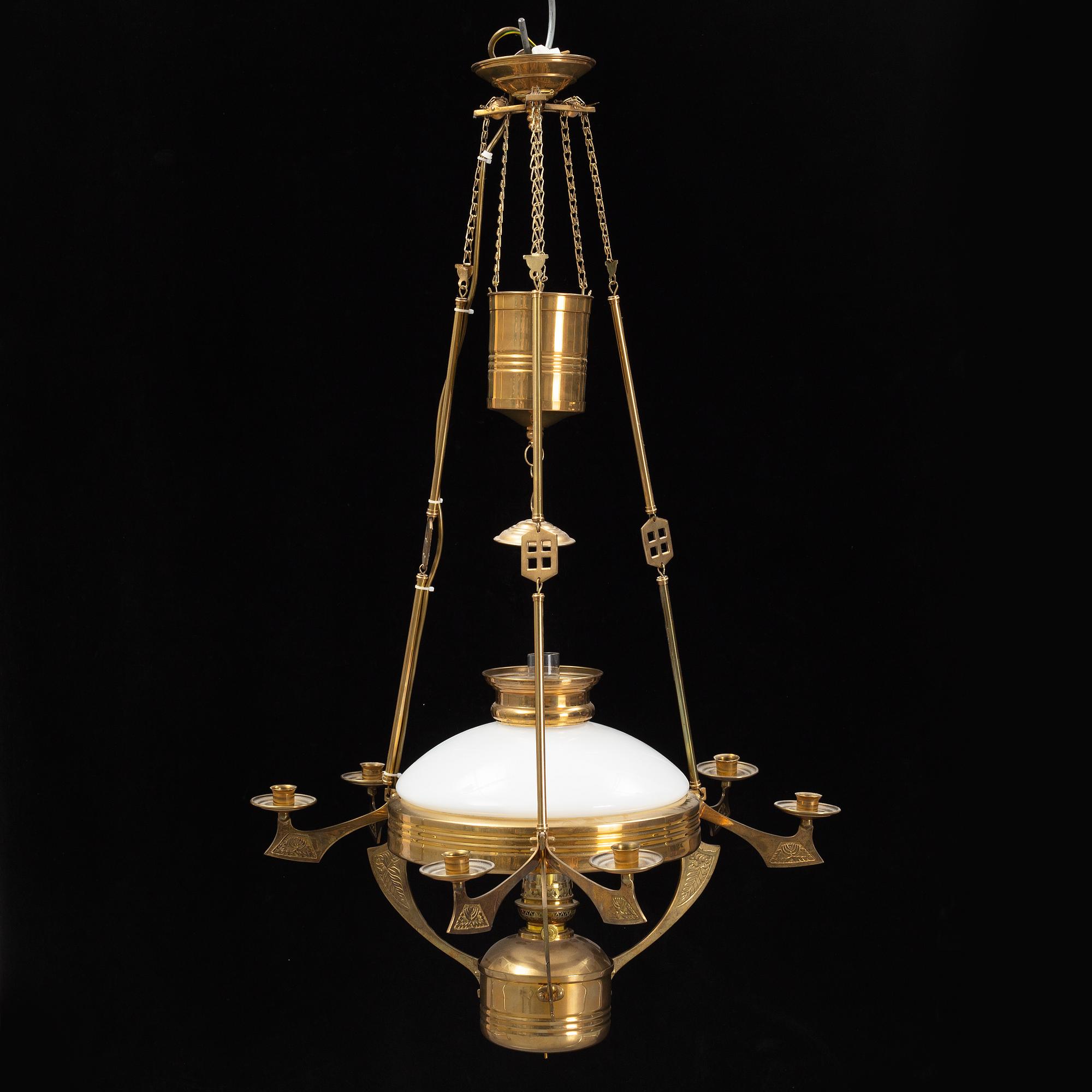 A brass paraffine pendant lamp, late 20th Century.
