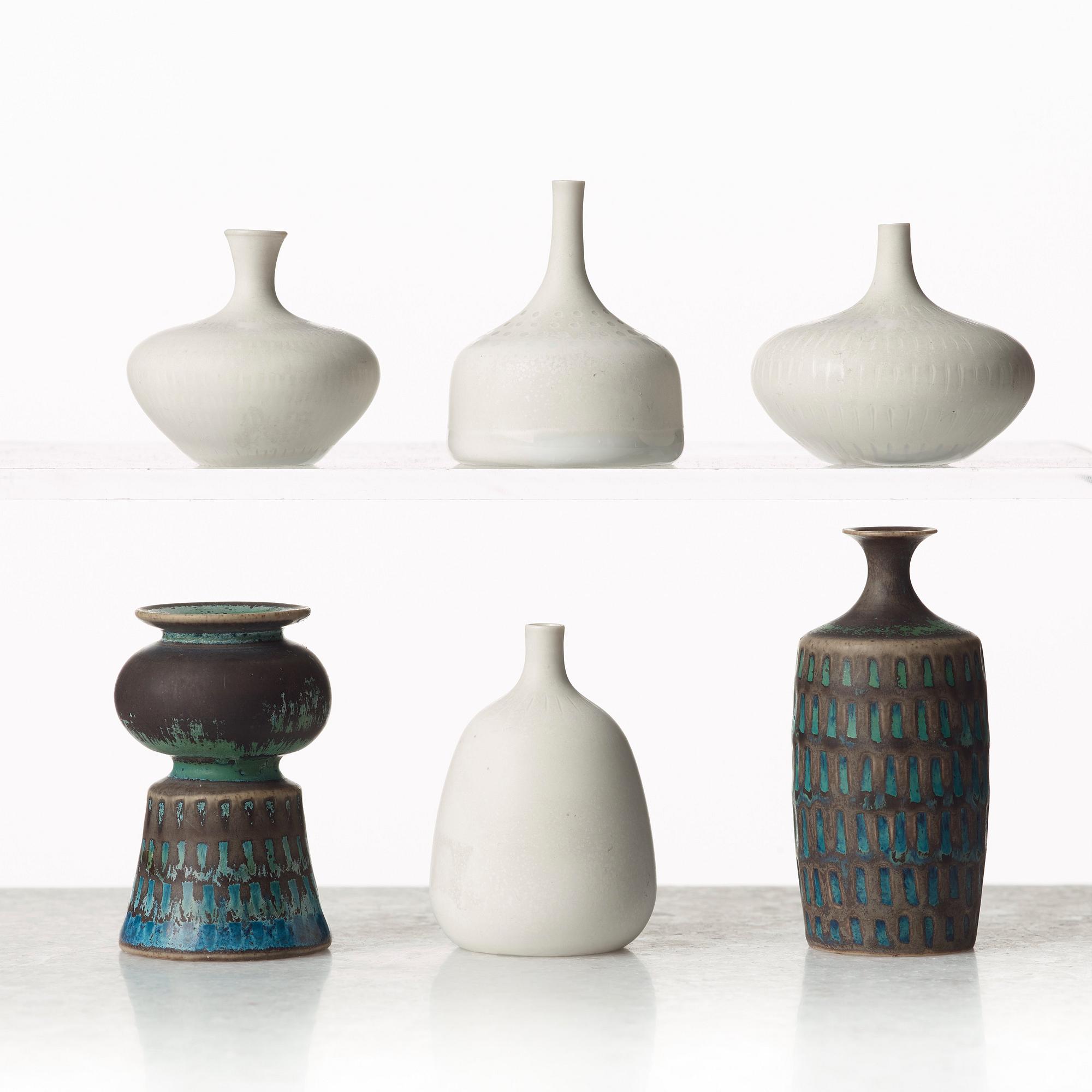 Stig Lindberg, a set of six stoneware miniature vases, Gustavsberg studio, Sweden 1958-62.