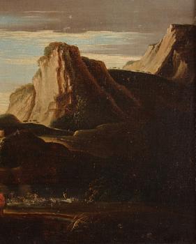 Claude Joseph Vernet, After, Mountain landscape with figures by the water.