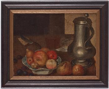 Dutch School, 17/18th Century. Still life with pewtre jug, fruits and a knife.