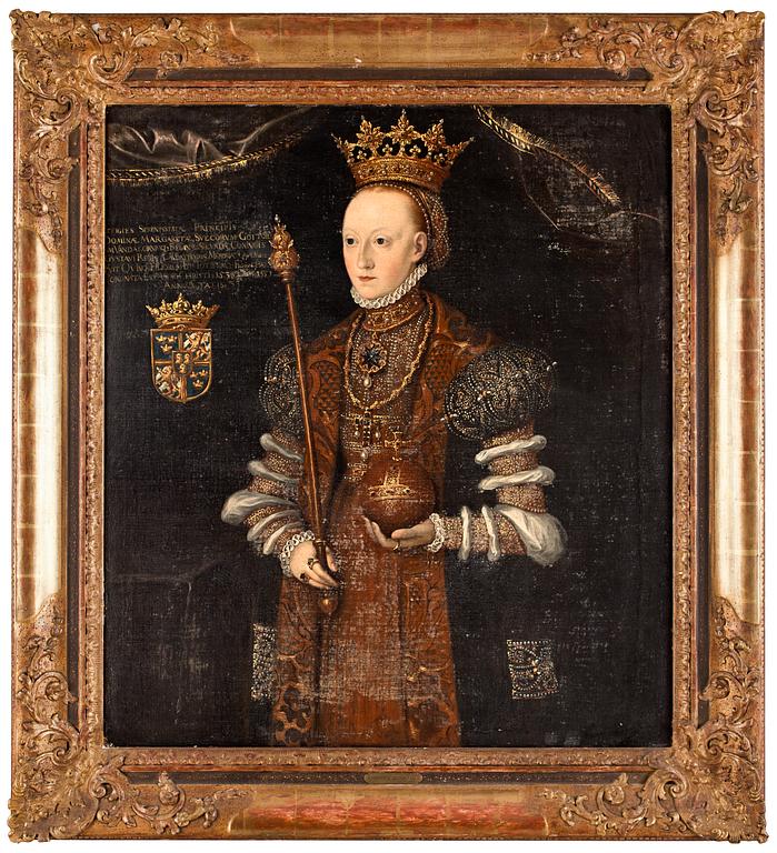 Johan Baptista van Uther Hans efterföljd, "Drottning Margareta Leijonhufvud" (1516-1551), iklädd broderad och pärlbeströdd dräkt bärande riksregalierna, knäbild.