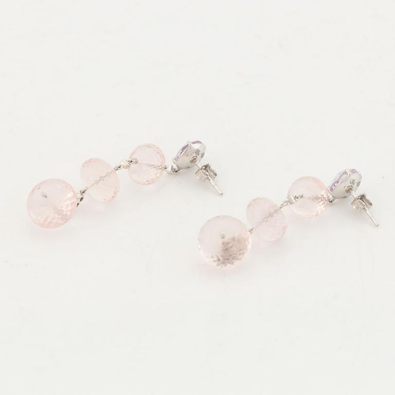 Briolette cut rose quartz and brilliant cut diamond earrings.