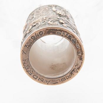 A decanter with silver fitting and a free mason late 19th century glass.