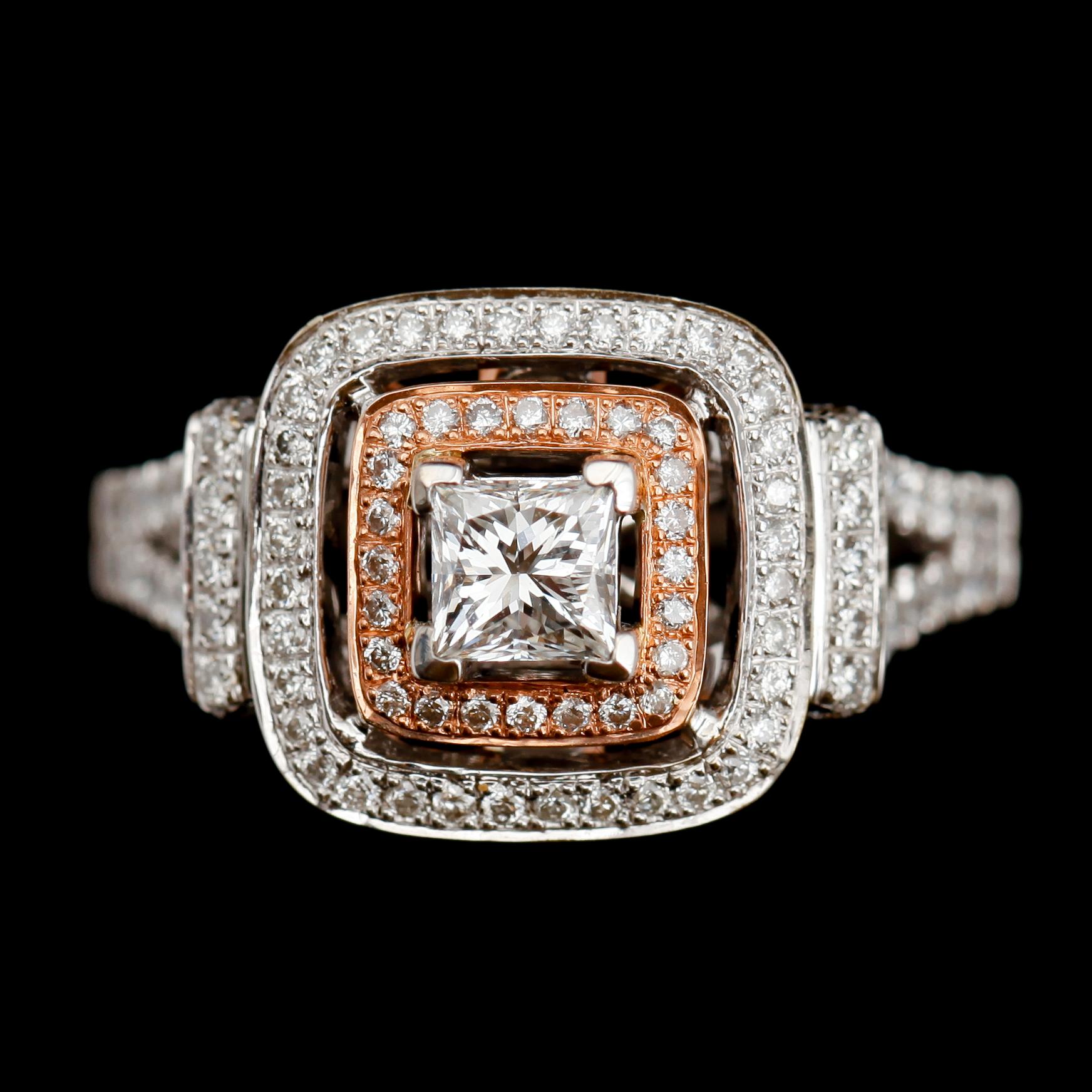 RING, 14 k vitguld, princess och briljanslipade diamanter, tot ca 1,25 ct.