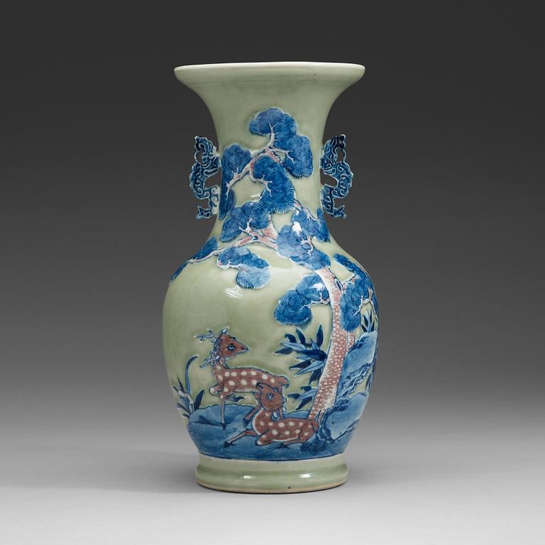 A celadon ground porcelain baluster vase, Qing dynasty (1644-1912).