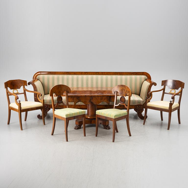 Sofa, 2 armchairs, 2 chairs, drop-leaf table Karl Johan, different models, 19th century.