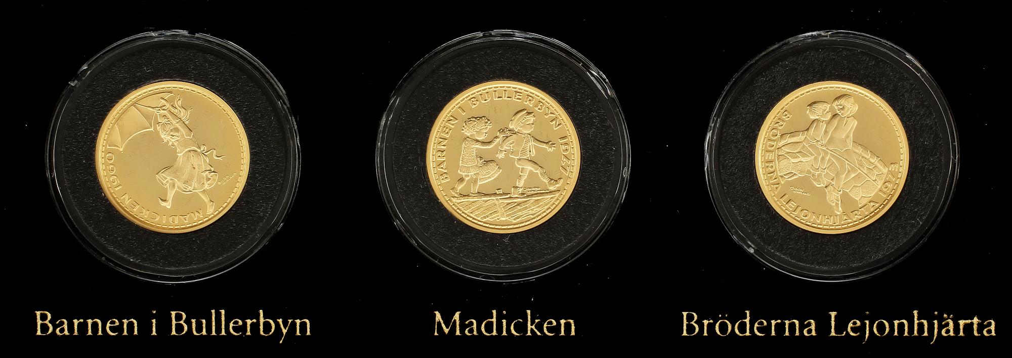 MYNT, 3 st, guld, Astrid Lindgren, 577/1000. 1900/2000-tal. Tot vikt 25,8 gr.