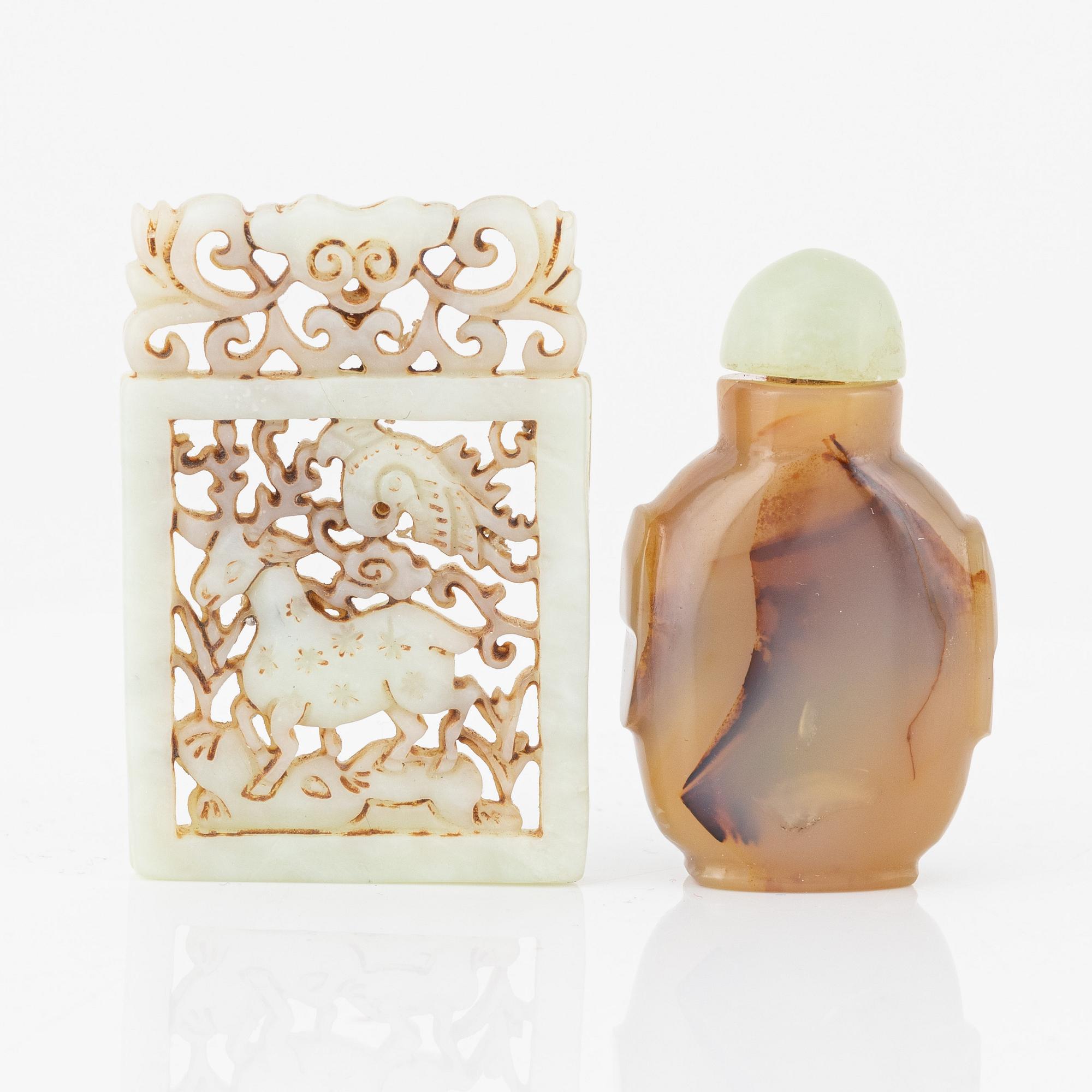 A Chinese agathe snuff bottle with stopper and a nephrite pendant, 20th Century.