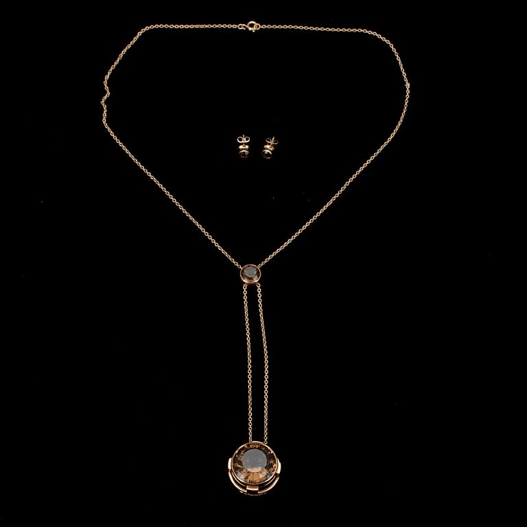 KAULAKORU ja KORVAKORUT, kultaa 14K, viistehiotut savukvartsit, Kaunis Koru/Kalevala Koru 1964. Alkuperäinen rasia.